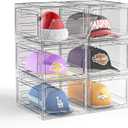 Hat Organizer Box for Baseball Caps, 6 Pack Plastic Hat Storage Display Case with Magnetic Door, Hat Holder Rack for Closet, Snapback Organizer, Hold 8 Caps Each (Clear White)