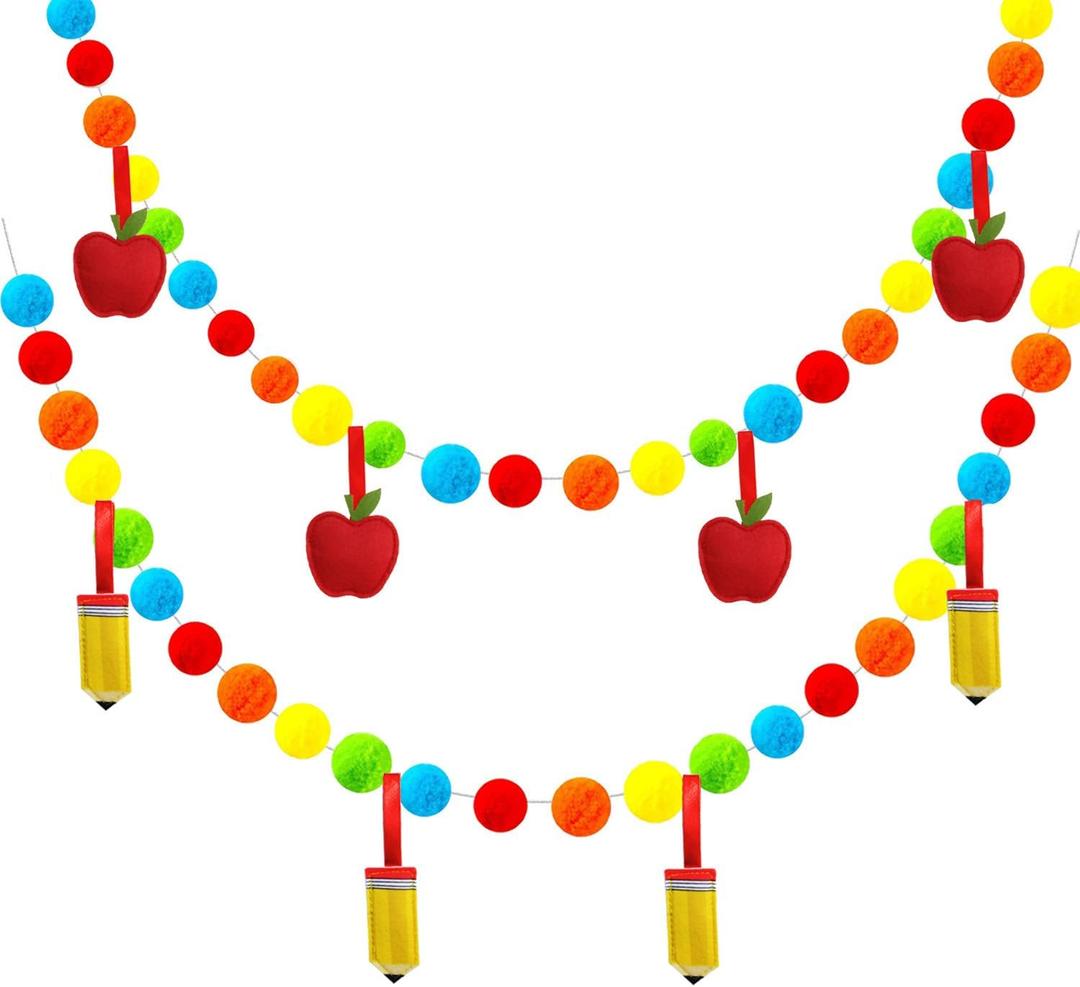 Back to School Party Banner Decorations, 2 Pieces Frist Day of School Pastel Pom Pom Garland with Apple Pencil, End of School Year School Classroom Decor, Preschool Graduation Decorations