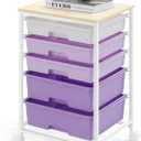 Utility Cart with 5 Drawers,Storage Drawer Cart with Wooden Tabletop and Lockable Wheels,Craft Storage Trolley Cart,5-Tier Rolling Utility Cart on Wheels,Purple
