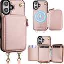 Bocasal for MagSafe Crossbody Wallet Case Compatible with iPhone 16, RFID Blocking Protective Purse Case with Card Slots Holder Kickstand Wrist Strap Lanyard Zipper 6.1 Inch 5G (Rose Gold)