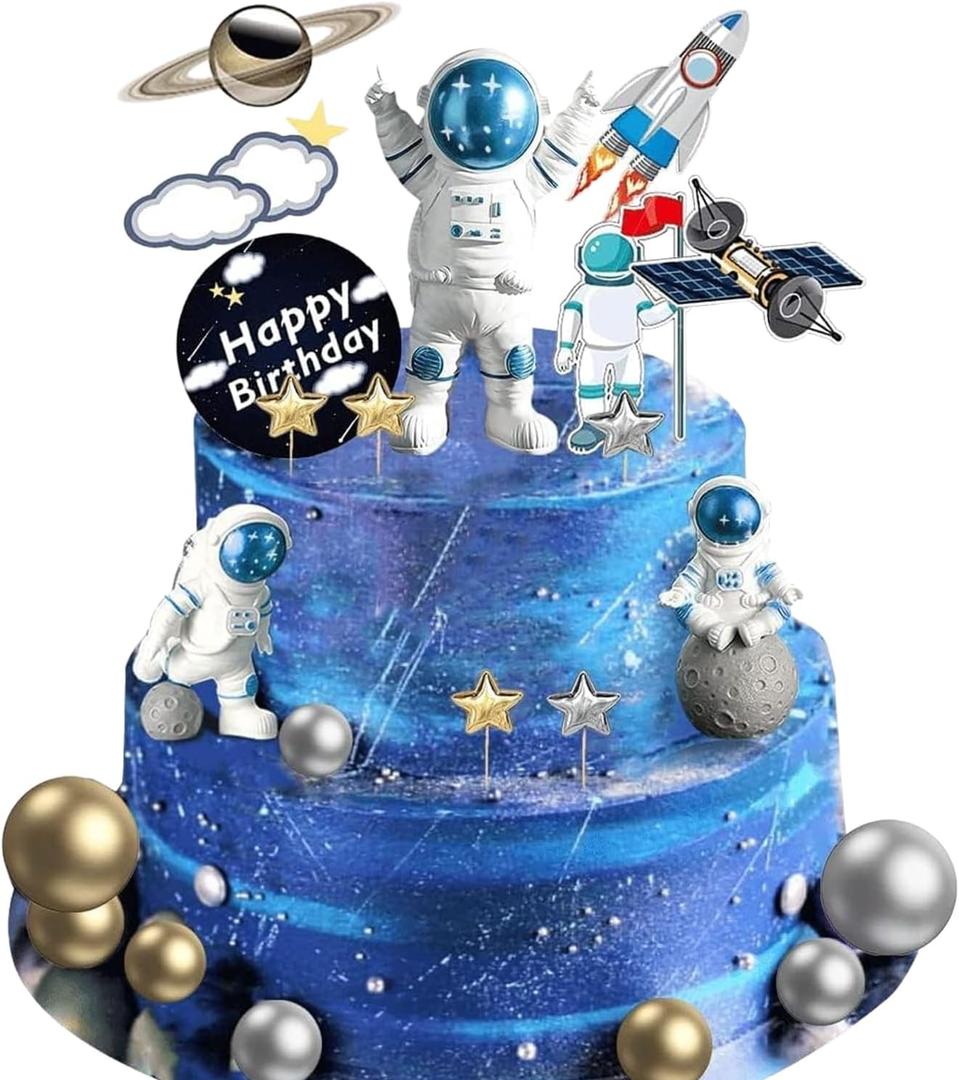 22Pcs Space Cake Topper,Space Cupcake Toppers Astronaut Figurine Birthday Outer Space Themed Party Decorations Supplies Planet Rocket Pearl Balls and Star DIY Cake Toppers (Bule)
