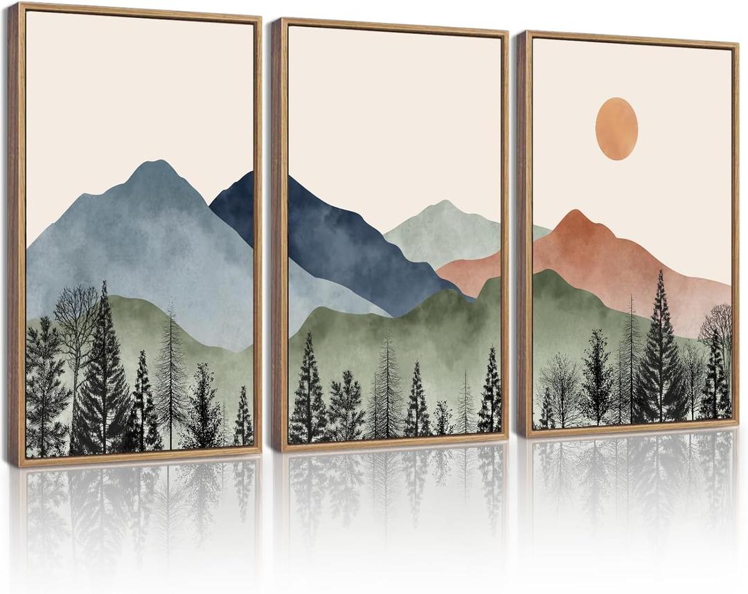 KUVIOKE Mountain Landscape Framed Wall Decor Boho Sun Rise Watercolor Nature Art Prints Farmhouse Rustic Bedroom Dining Living Room Decor 11x14in (Natural Framed) (14L" x 11W" x 3 Panels Natural)