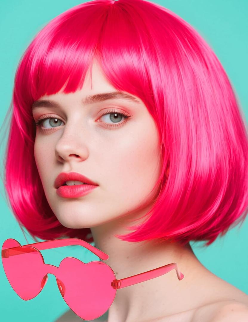 Pink Bob Wig with Heart Sunglasses - Heat-Resistant, Synthetic Fiber, Adjustable and Natural Looking