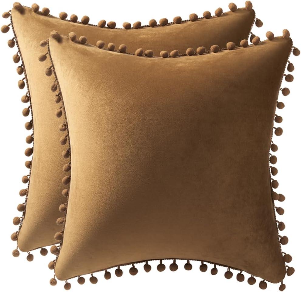 Throw Pillow Cases 16x16 Golden Brown: 2 Pack Cozy Soft Pom-poms Velvet Square Decorative Pillow Covers for Farmhouse Home Decor