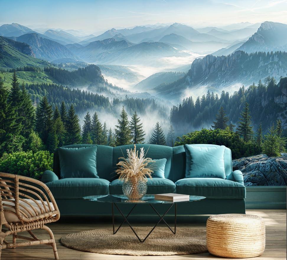 WFBHUA-Misty Pine Forest Wallpaper Peel and Stick Foggy Mountain Scenery Self Adhesive Wall Mural for Living Room 82"x57"
