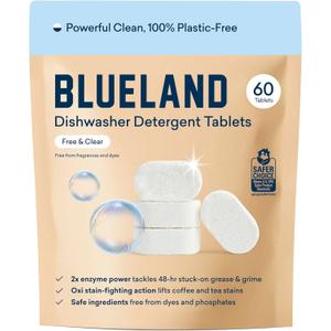 BLUELAND 100% Plastic-Free Dishwasher Detergent Tablets, 60 Count, Free & Clear, Eco-Friendly Dishwashing Pods, Natural, USDA Certified biobased