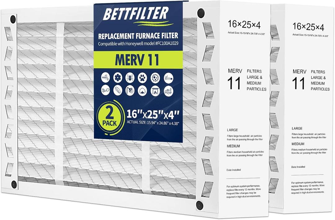 16x25x4 AC Furnace Air Filter Compatible with Honeywell FC100A1029, MERV 11 HAVC Filter Replacement, Actual Size:15.94"x24.86"x4.38", Pack of 2