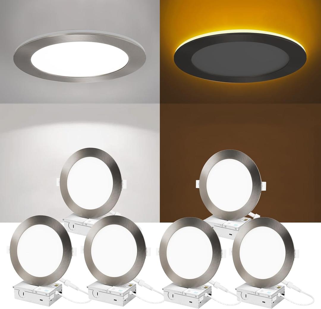 ZYC Recessed Lighting 6 Inch - 12W 1100LM LED Recessed Ceiling Light with Night Light,5CCT 2700K-6000K Selectable Ultra-Thin Lighting, Dimmable Canless Wafer Downlight,Pack of 6 Brushed Nickel.