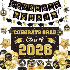 2 x Graduation Decorations Class of 2026, Black and Gold Grad Party Supplies with Congrats Grad Banner, Backdrop, Hanging Swirls, Balloons & Honeycomb for High School & College Graduation