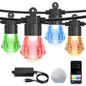 XMCOSY+ 48FT Smart Outdoor String Lights - RGBCWIC Dimmable Acrylic Bulbs, Color Changing LED Patio Lights APP WiFi Control, Compatible with Alexa, IP65 Waterproof Outside Lights for Yard Porch