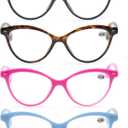 MODFANS Women Reading Glasses 3.0 4 Pack Fashion Colors Cat Eye Readers for Ladies Compact Spring Hinge Lightweight Frame Includes Pocket