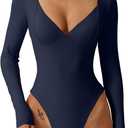 QINSEN Women's Long Sleeve Bodysuit V Neck Body Suits Seamed Cup Going Out Tops Shirt, XS