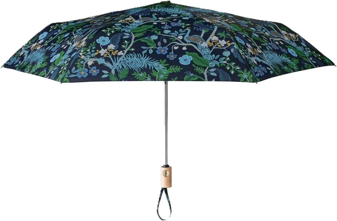 RIFLE PAPER CO. Umbrella, Matching Storage Sleeve, Portable, Auto Open and Close, Wooden Handle, Printed in Full Color