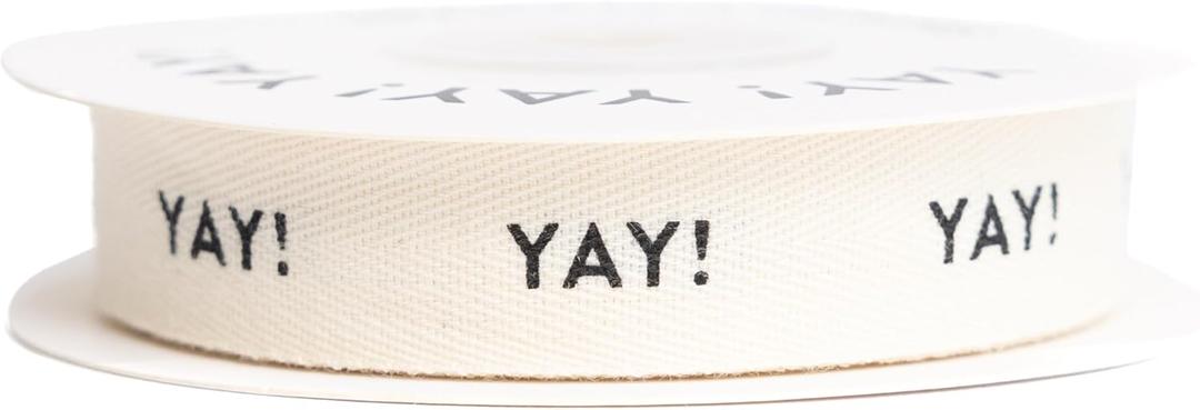 Custom Herringbone Cotton Ribbon, Natural 5/8 Inch Gift Ribbon with Yay! Printed Phrase, 10 Yards