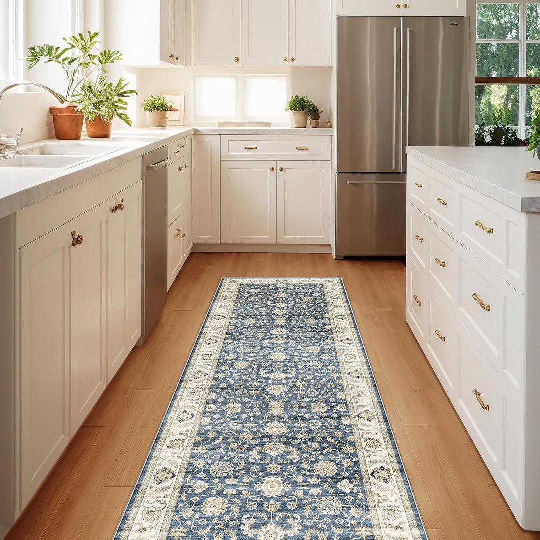 WITSHOCK 2x6 Runner Rugs for Hallway: Machine Washable Non Slip Vintage Carpet - Low Pile Lightweight Print Rug for Kitchen Laundry Room Bedroom Beside Rug - Pet & Kids Friendly (Blue) (Blue/Cream White/Light Ivory)