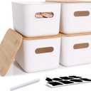 Citylife 4 PCS Storage Bins with Bamboo Lids Plastic Storage Containers for Organizing Stackable Storage Box with Handle, 10.23 x 7.08 x 6.3 inch (White)