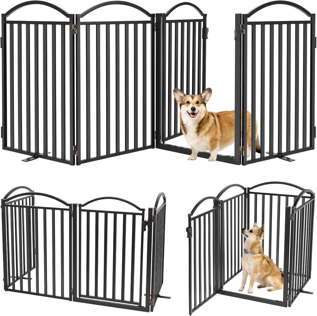 Malier Metal Freestanding Dog Gates with Door, 32'' Height Outdoor Indoor Dog Fences, 96'' Extra Wide Foldable Puppy Gate Free Standing Tall Pet Gate for Stairs, Hallways, Yard (Black, 4 Panels)