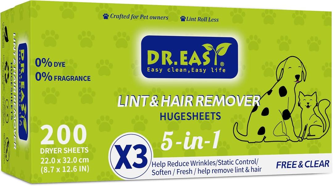 Dr.Easy LINT & HAIR REMOVER Pet HUGESHEETS with 3X Dryer Sheets, Free & Clean, 200 Count,PLANT&MINERAL-BASED FORMULA