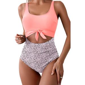 Eomenie Women's One Piece Swimsuit Tummy Control Slimming Bathing Suit Cutout Tie Knot Swimwear (X-Large, Light Pink Print)