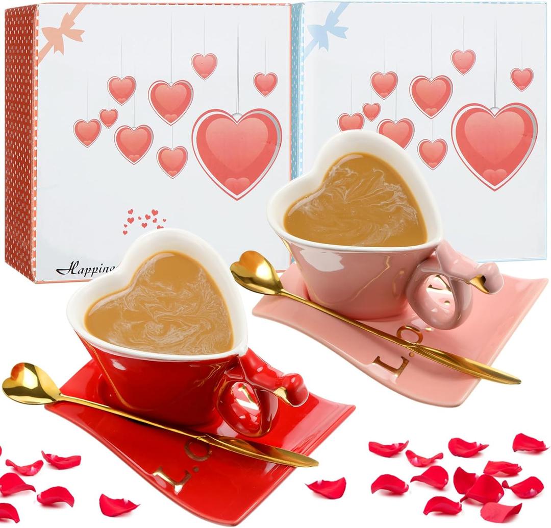 Shellwei 2 Sets Valentine's Day Heart Ceramic Coffee Mug with Spoons and Saucers 5.1 oz Heart Shaped Tea Cup Red Pink Ceramic Coffee Cup Valentine's Day Gifts for Couple Lovers Wedding