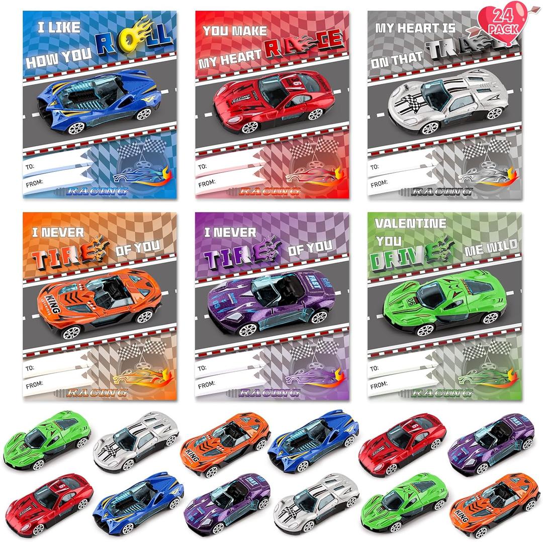Valentines Day Cards for Kids School Classroom, 24 Pack Metal Die-Cast Racing Cars with Valentines Day Cards, Valentines Day Gifts for Kids Exchange, Valentine's Party Favor Supplies, Prizes