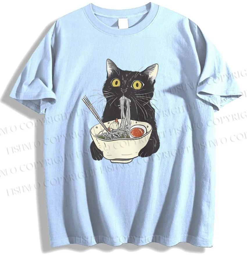 Women's Funny Cat Eating Noodles Cute Cat Men Women T-Shirt M