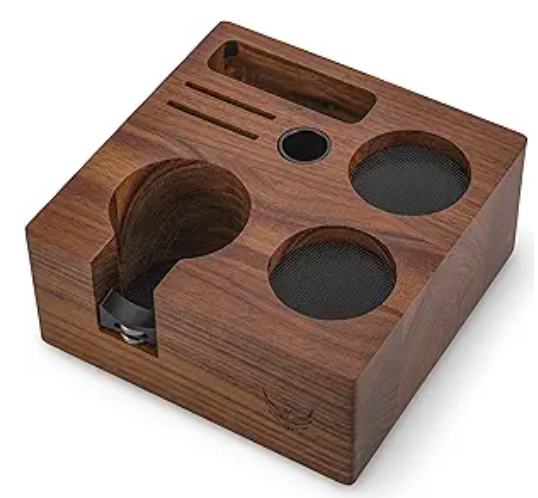 KNODOS 58mm Tamper Station V3 Walnut Portafilter Holder Compact Espresso Organizer with Multi Accessory Storage Espresso Machine Accessories for Coffee Bar