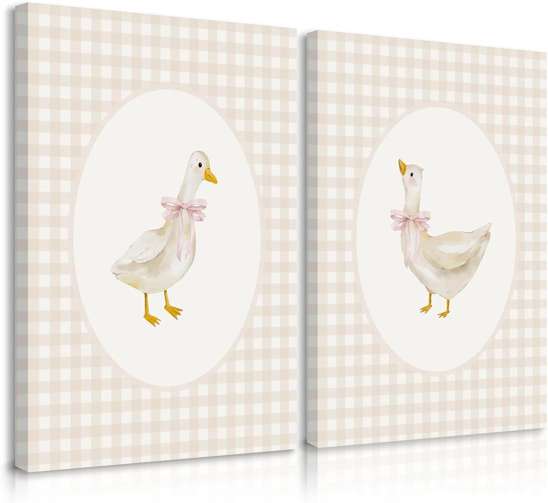 Nursery Goose Wall Art Girl Coquette Canvas Wall Decor Baby Room Wall Art Pink Bow Pictures Vintage Prints Duck Gingham Poster Girl Nursery Painting for Bedroom Living Room 16x24x2 Inch Ready to Hang
