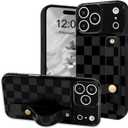NITITOP Compatible for iPhone 17 Pro Case with Wrist Strap Kickstand Cute Trendy Checkerboard Plaid for Women Girls Slim Fit TPU Shockproof Full Camera Protective Cover - Black