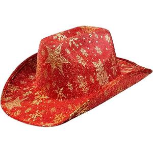 Christmas Cowgirl Santa Hat Glitter Cowboy Hat Party Hat with Star Snowflake for Men and Women for Christmas Party