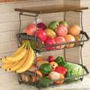 XYZLVSI 3 Tier Countertop Fruit Basket Bread Bowl with Wooden Top for Kitchen, Stackable Vegetable Potato Onion Storage Wire Basket with Banana Hangers, Black
