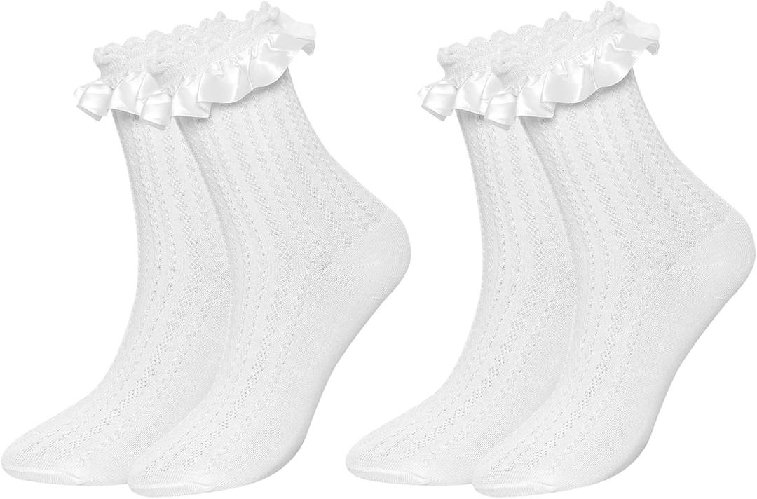 Gvhntk 2 Pair Women's Ruffle Socks Mid-Calf Lace Ruffle Frilly Ankle Socks Soft Stretchy Comfortable Cotton Princess Socks (White)