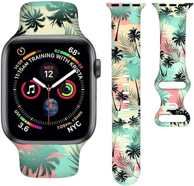Summer Watch Band Tropical Palm Tree Sea Turtle Smartwatch Bands Wristband Compatible with Watch 38mm 40mm 41mm Soft Silicone Strap Replacement for Series 8/7/6/5/4/3/2/1/SE