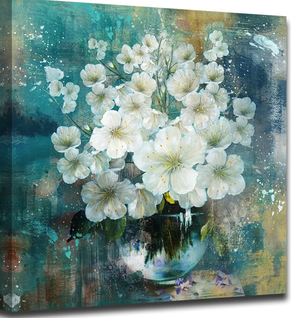 Anolyfi Bathroom Botanical Florals Prints Wall Art Rustic White Flowers Plants Canvas Painting Teal Picture Abstract Artwork Framed for Nursery Bedroom Living Room Kitchen Office Home Decor 20"x20"
