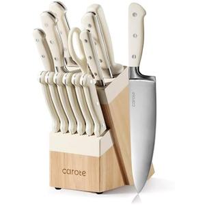 CAROTE 14 Pieces Knife Set with Block, Forged, High Carbon Stainless Steel Sharp Blade Block Knife Set, Dishwasher Safe Cutlery, Cream CAROTE 14 Pieces Knife Set with Block, Forged, High Carbon Stainless Steel Sharp Blade Block Knife Set, Dishwasher Safe Cutlery, Cream