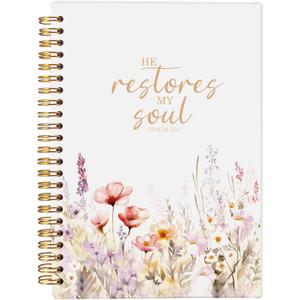 Christian Notebook for Women, Christian Art Gifts Journal, Prayer Journal for Women, Bible Journaling Notebook, PSALM 23:3 He Restores My Soul Floral Spiral Notebook 5.5x8.3