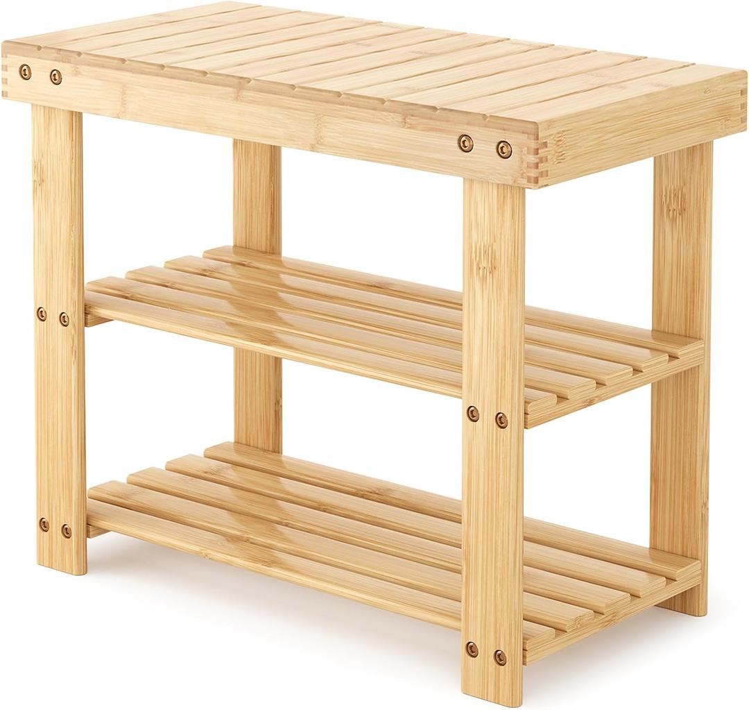 Sweetcrispy 3-Tier Shoe Rack Bench for Entryway, 19 Inches, Wood | Bamboo Shoe Storage Bench, Shoes Rack for Entrance, Bedroom, Living Room, Balcony, 4 Pairs