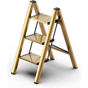 hismocal Foldable 3 Step Stool for Closet/Kitchen-Aluminium Gold Step Ladder Stools, Folding 330lbs Lightweight Ladders with Anti-Slip Wide Pedal, Portable Kids/Adults