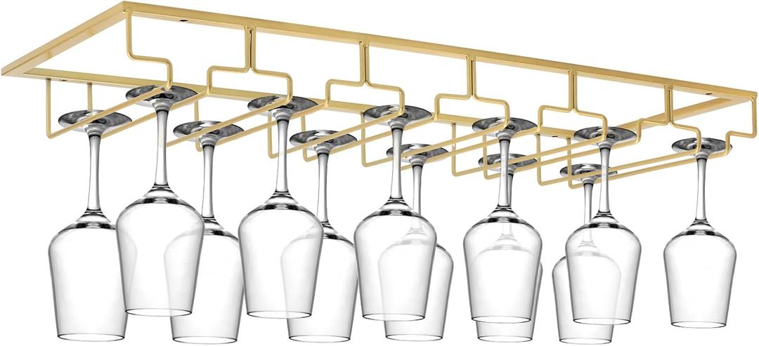 Xverycan Wine Glass Rack Under Cabinet, 6 Row Extreme Large Stemware Hanger, Metal Wine Goblet Holder, DIY Bar Glass Storage Rack for Bar Counter, Kitchen, Screws Included (Gold)