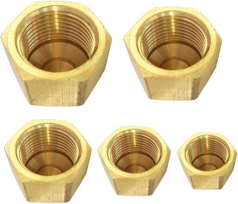 Brass Flare Cap Assortment Kits, SAE 45 Degree Flared Tube Fitting for 1/4" 5/16" 3/8" 1/2" 5/8" Tube OD, 5pcs Kit