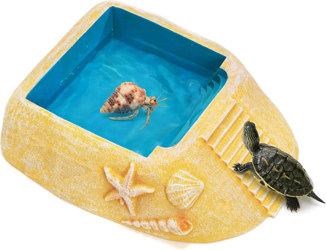 Hermit Crab Water Bowl with Climbing Ramp, Medium Reptile Water Bathing Pool Food Dish, Tortoise Habitat Aquarium Tank Accessories for Turtles, Lizard, Frog, Gecko