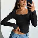 Trendy Queen Womens Long Sleeve Shirts Crop Square Neck Ribbed Tops Basic Slim Fit Y2K Fall Winter Clothes Outfits 2026 (L)