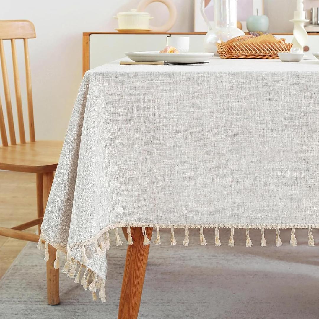 Laolitou Textured Table Cloth for Square Table, Heavy Duty Farmhouse Tablecloth Solid Cotton Linen Waterproof Wrinkle Free Burlap Tables Cover for Kitchen Dining,Party, Ivory 55''x55'',4 Seats