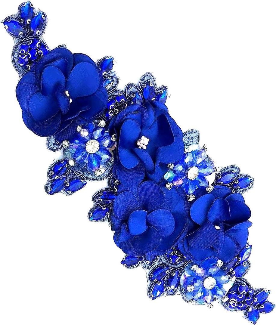 1pc Handmade Rhinestone Applique for Clothes, 3D Flower Fabric Patches for Wedding Dress, Bling Beaded Embroidery Lace Applique for Hat Hairband Sewing Embellishment (Royal Blue)