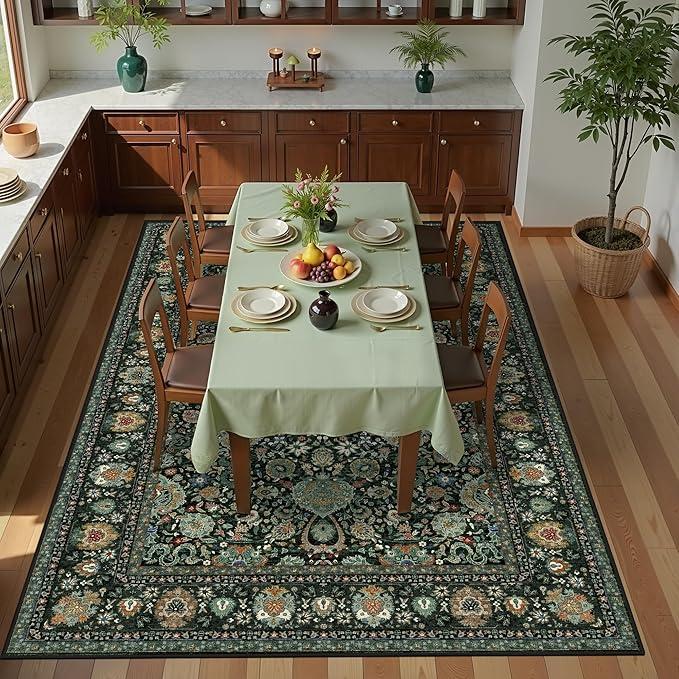 8x5  Rug, Non-Slip Vintage Boho Floral Carpet, Large Area Rug for Living Room, Soft Low-Pile Thin Living Room Rug for Bedroom, Dining Room, Nursery, Dark Green