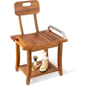 Fun Memories Teak Shower Bench Seat with Handles and Backrest, 19" Solid Wood Shower Stool Waterproof Shower Seat with Storage for Inside Shower Legs Shaving, Seniors Elderly Heavy Duty
