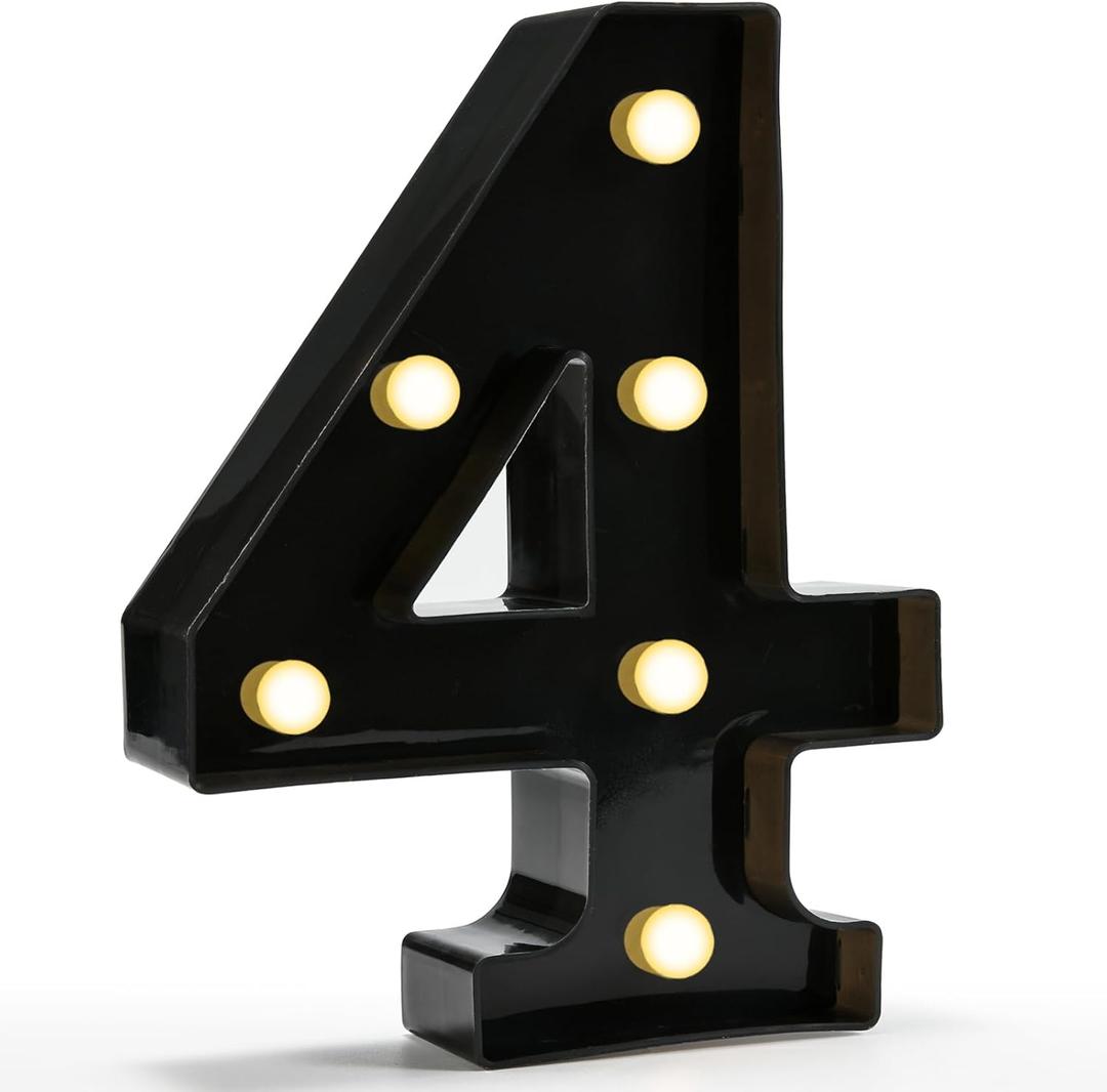 Pooqla Light Up Numbers, Lighted Marquee Number Sign for 4th Birthday Party Decor, Battery Powered LED Number Lights for Party Decor, Lights Sign for Wall Home Anniversary, Decoration 4 (Black)