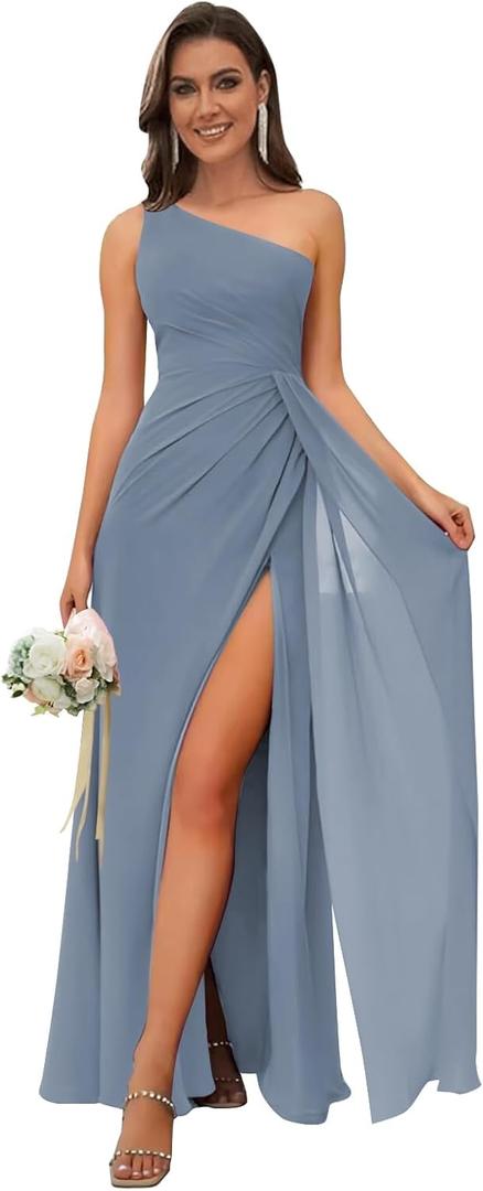 Women's One Shoulder Bridesmaid Dress Long Split Prom Dress A Line Pleated Dusty Blue Formal Dress for Women Size 10