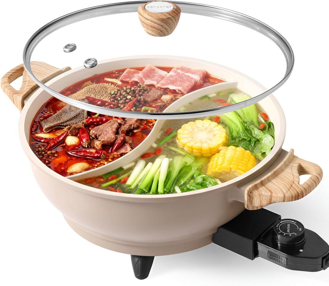 TWIN Electric Hot Pot with Divider | PFAS-Free Ceramic Nonstick Pot | EvenHeat Cast Aluminum Body | 1500W Fast Heating | Dual-Flavor Shabu Shabu Pots | Ceramic Apricot