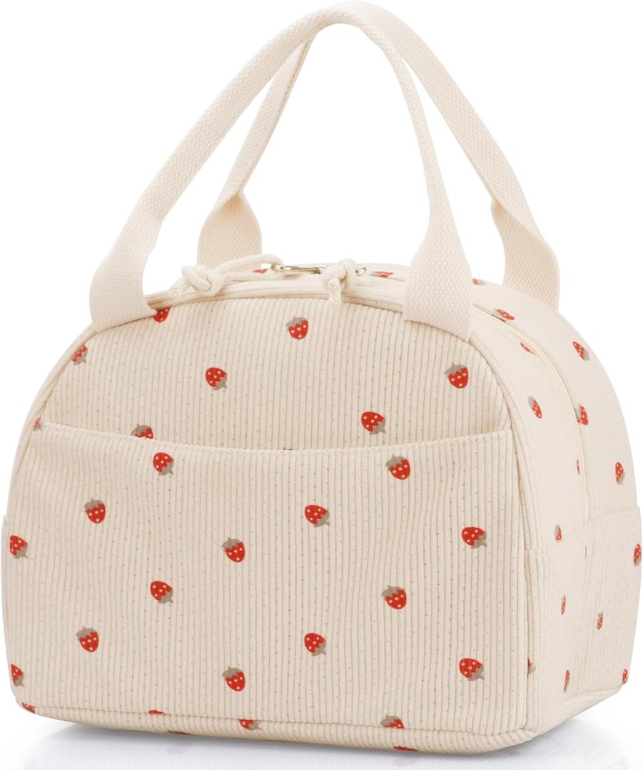 Lunch Bag - Insulated Lunch Box for Women, Reusable Large Capacity Cooler Bag for Adult, Small Leakproof Cute Corduroy Lunch Tote for Work Office Travel Picnic (Corduroy Strawberry)